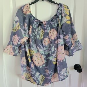 Ashley Blue Floral Smocked Neck Blouse Size 1X